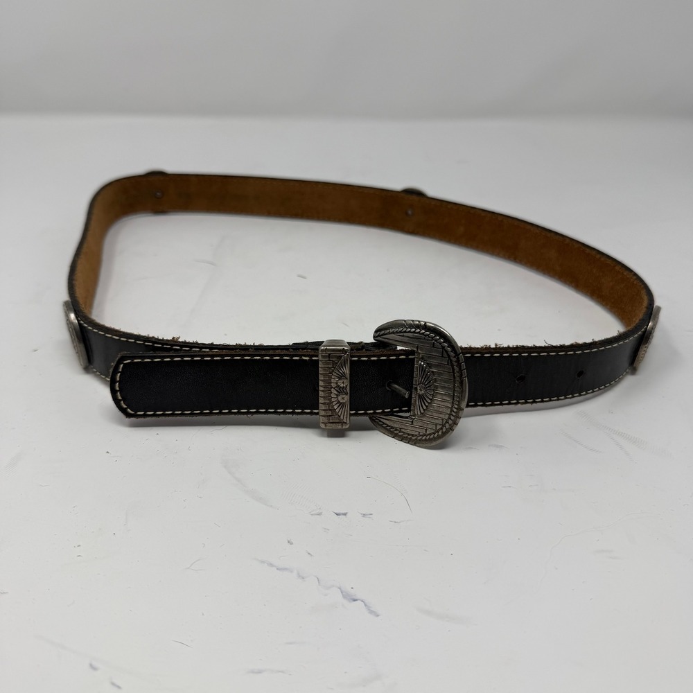 Western Concho Belt Leather Black Silver Engraved Buckle Women M-L